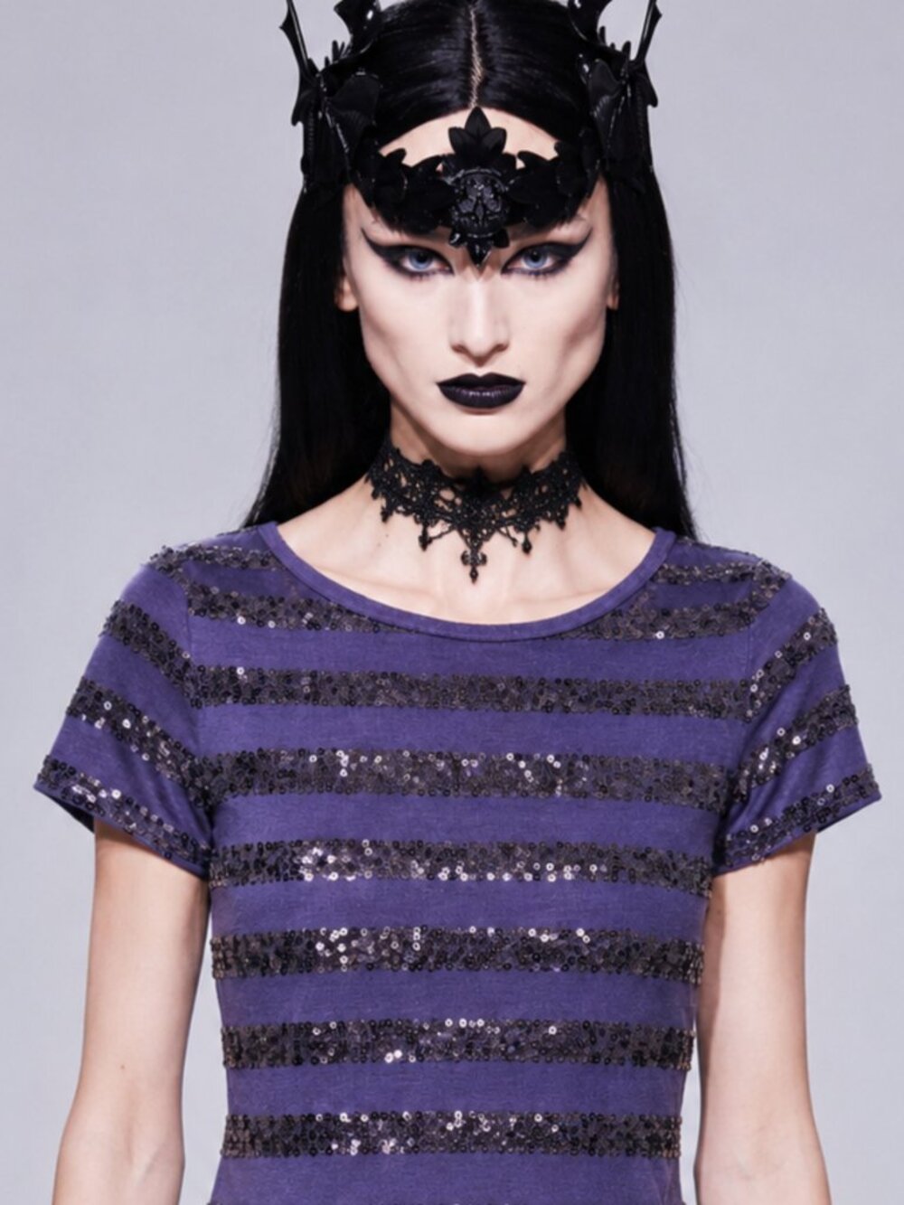 Dark Romance S Sequin Cotton Stretch Stripe Ink T-Shirt Y2K Preppy Academia